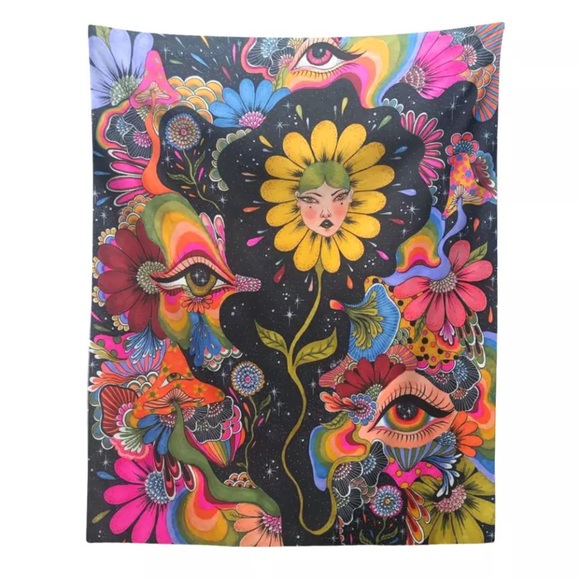 2 Cloth Tapestries Flower goddess & mushrooms bohemian retro boho tapestry decor - Picture 2 of 3